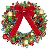 Vlorart 22 Inch Prelit Christmas Wreaths with 60 Lights for Front Door, Large Lighted Christmas Wreath with Red Bow, Berries, Colored Balls, Battery Operated with Timer for Home Outdoor Decoration
