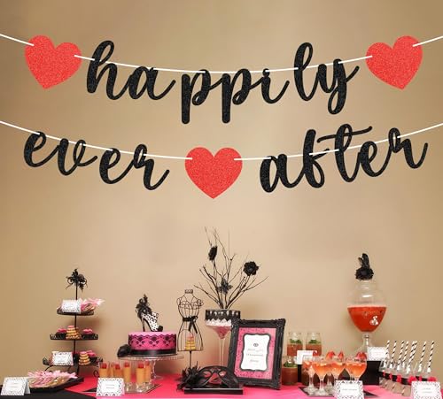 Image of Pre-Strung Happily Ever After Banner - Black Glitter Bachelorette Bridal Engagement Party Decoration Supplies, Bachelorette Wedding Party Banner for Engagement, Bridal Shower, Wedding Party Photo Booth Props