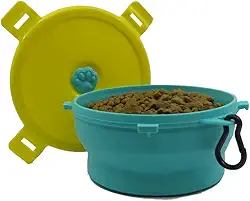 Pote de Viagem e passeio para Pets/Bicho de estimação Comedouro e Bebedouro Redondo com tampa/Tamanho: 350 ml/Cor: Verde água com tampa amarela
