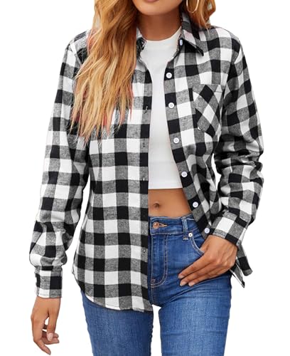 SANGTREE Womens Plaid Flannel Shirt Long Sleeve Button Down Shirts Buffalo Black White, Small