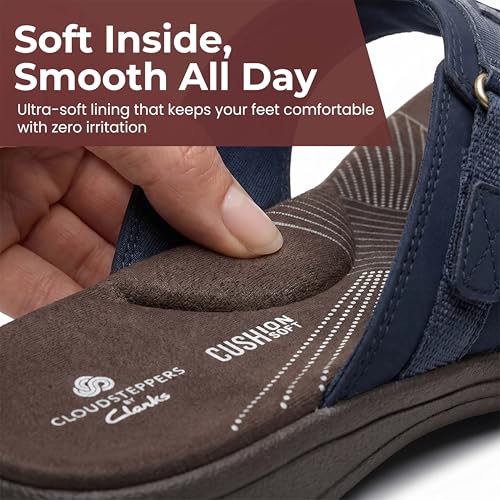 Image of Clarks Womens Breeze Sea Flip-Flop Sandals - Comfortable Flip Flop with Adjustable Hook and Arch Support - Casual Summer Wearing Cloudsteppers for Everyday