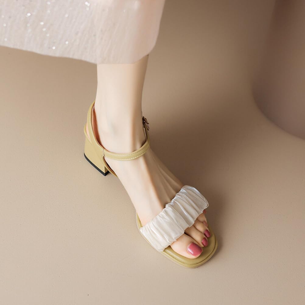 Mujer Plisado Encaje Sandalias Romanas Tacón Grueso Medio Zapatos De Vestir con Hebilla Punta Abierta Destalonadas Sandalias De Verano