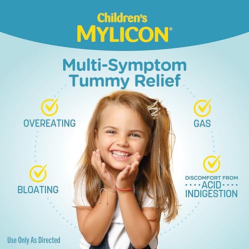 Image of Children's Mylicon All-in-One Tummy Relief Liquid For Indigestion for Kids, Bubble Gum Flavor, 4oz | Fast-acting liquid relieves gas, bloating, indigestion & heartburn for kids . Simethicone + calcium carbonate . 4 fl oz