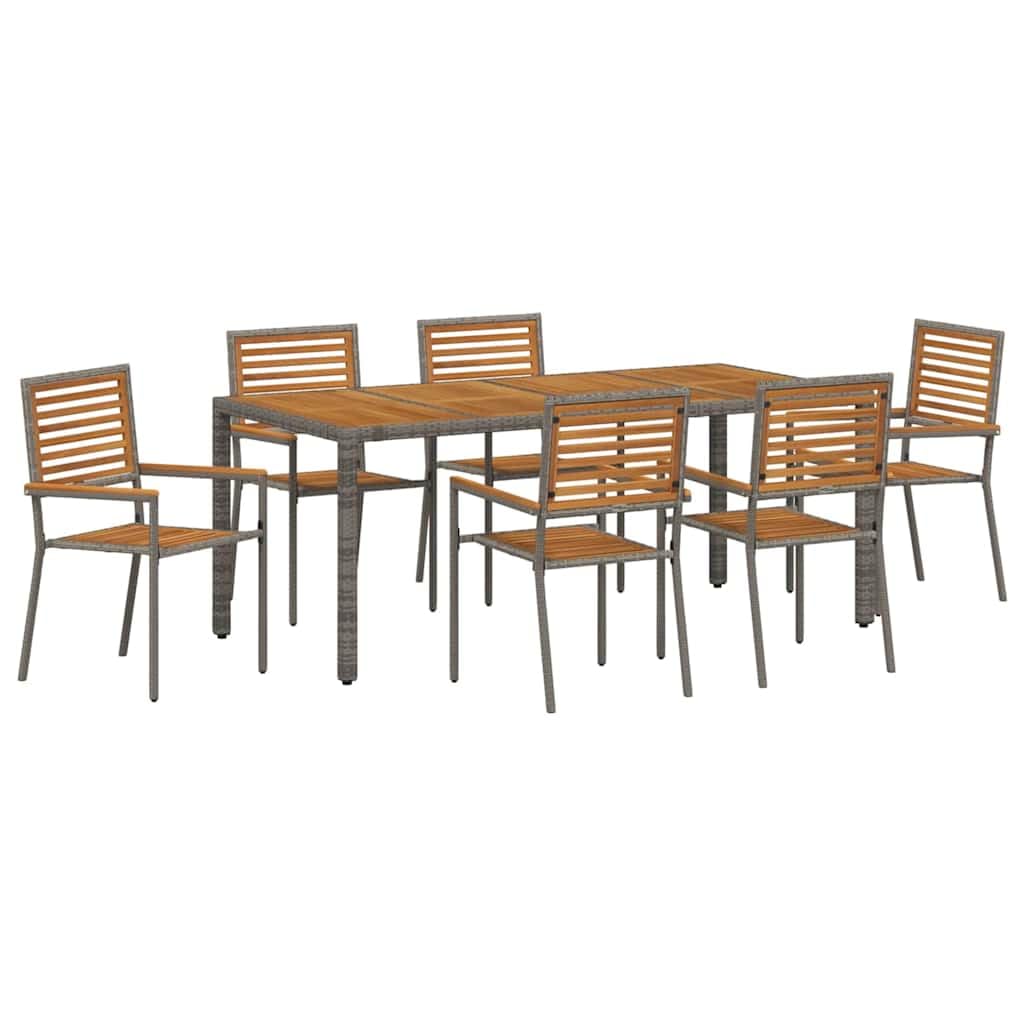 Polirattan nowoczesny zestaw ogrodowy Akacja 7 elementów Szary 190 cm | Zestaw do jadalni w ogrodzie 7 pcs Szary i brązowy polirattan, nowoczesny mebel tarasowy, stół i 6 krzeseł z akacji,