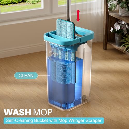 Image of JOYMOOP Mop and Bucket Set with Wringer, with 3 Reusable Microfiber Mop Pads, Mops for Floor Cleaning and Wall Cleaning, Hands-Free Flat Mop for Home Use - Grey+Cyan Blue