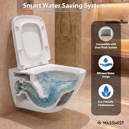Image of WASSMIST Wall Hung Western Toilet | Rimless Wash Down Ceramic Commode | Modern Space Saving Bathroom WC | Premium Sanitary Ware (White)