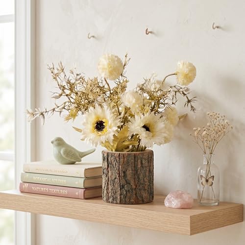 Image of Dekorly Artificial White Dry Daisy Flower with Real Wooden Vase (28CM Overall Height) | Decorative Lifelike Faux Floral Plant in Rustic Tree Log Pot for Living Room (White Dry Daisy)