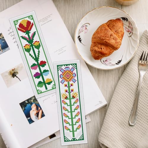Image of INFUNLY 6pcs DIY Flower Cross Stitch Bookmark Kits for Beginners 2.4''x7.9'' Colourful Flowers Stamped Embroidery Bookmark Kits with Instruction Needlepoint Bookmark Kits with Plant Pattern for Gift