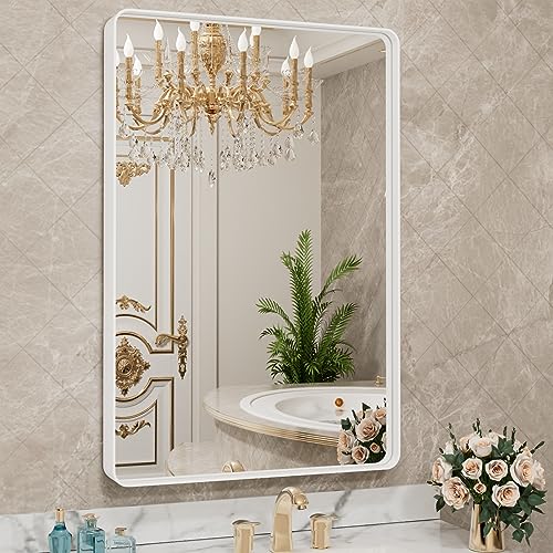 LOAAO Espejo de baño con marco de metal blanco de 24 x 36 pulgadas para pared, espejo de cambiador de baño blanco, espejo rectangular redondeado grande, antioxidante, vidrio...