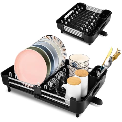 Cexovo Escurridor de Platos Escurreplatos Acero Inoxidable Escurreplatos Extensible con Drenaje Escurridor de Platos Ajustable con Caño de Drenaje Giratorio Escurreplatos Negro