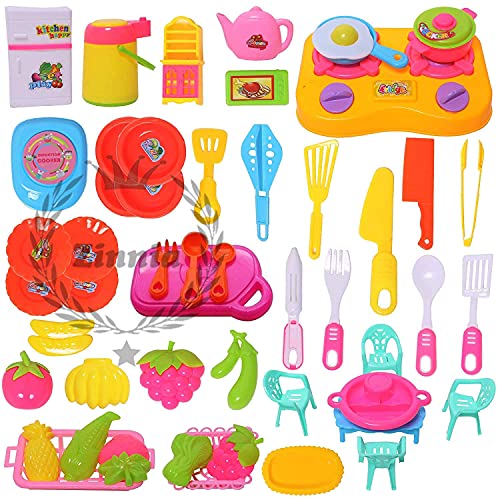 Zinnia Little Chef Cookware Plastic Kitchen Set Toy with Cooking Utensils and Dining Table Chair Combo Items, Kitchen Set Toy with Accessories for Kids Multicolor, 50 Pcs