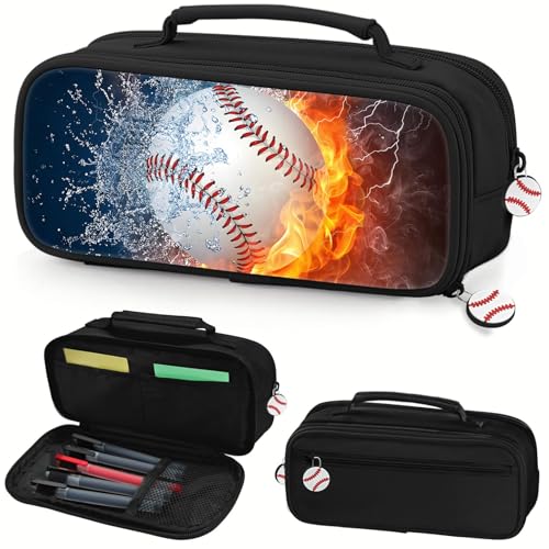 Image of Baseball Pencil Case for Boys - Large Pencil Pouch for Boys with Zipper Compartments & Handle - Big Capacity Pen Organizer Box Bag for Kids Teens School Supplies