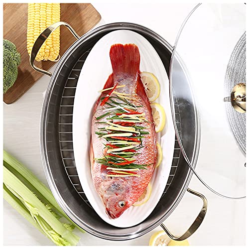 ZOLPINL Vaporera de Pescado de Acero Inoxidable, Multiusos, Ovalada, para cocinar Alimentos, con Tapa de Vidrio ventilada y Placa de cerámica para Cocina doméstica.