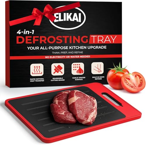 Image of ELIKAI Defrosting Tray for Frozen Meat – 4-in-1 Meat Thawing Tray with Built-In Knife Refiner, Garlic Grater, Cutting Board – Thawing Plate for Frozen Food – Ideal Gift for Holidays & Birthdays – Red