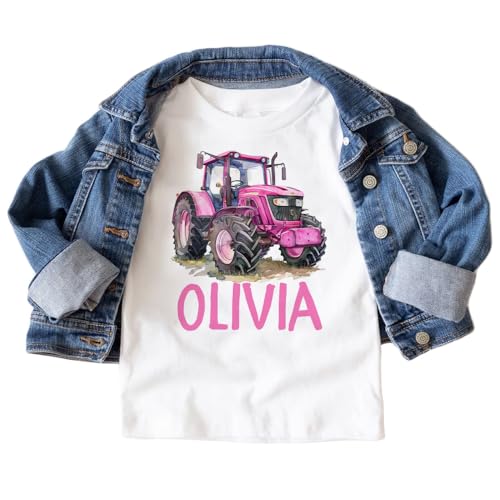 Custom Girls Pink Farm Tractor Shirt - Personalized Kids Name Farmer Birthday Outfit - Natural Toddler Youth Tee2