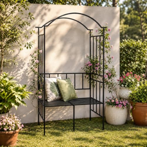 Image of ecofynd 6.8 Feet High 3.8 Feet Wide Garden Arch with 2-Seater Bench, Metal Arbor Trellis for Climbing Plant with Outdoor Garden Chair, Backdrop Stand for Wedding Lawn Backyard Party Decor (GC004-BLK)