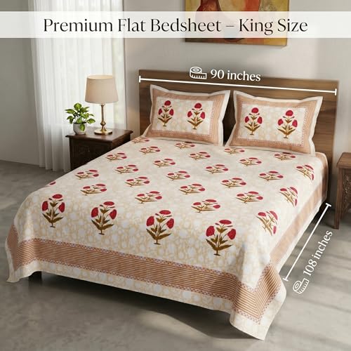 Image of Mafatlal 144 TC Heritage Pure 100% Cotton Double Bed Sheet with 2 Pillow Covers (90x108 inches)| Bedsheet for Queen Bed Cotton, Light Sand Jaipuri