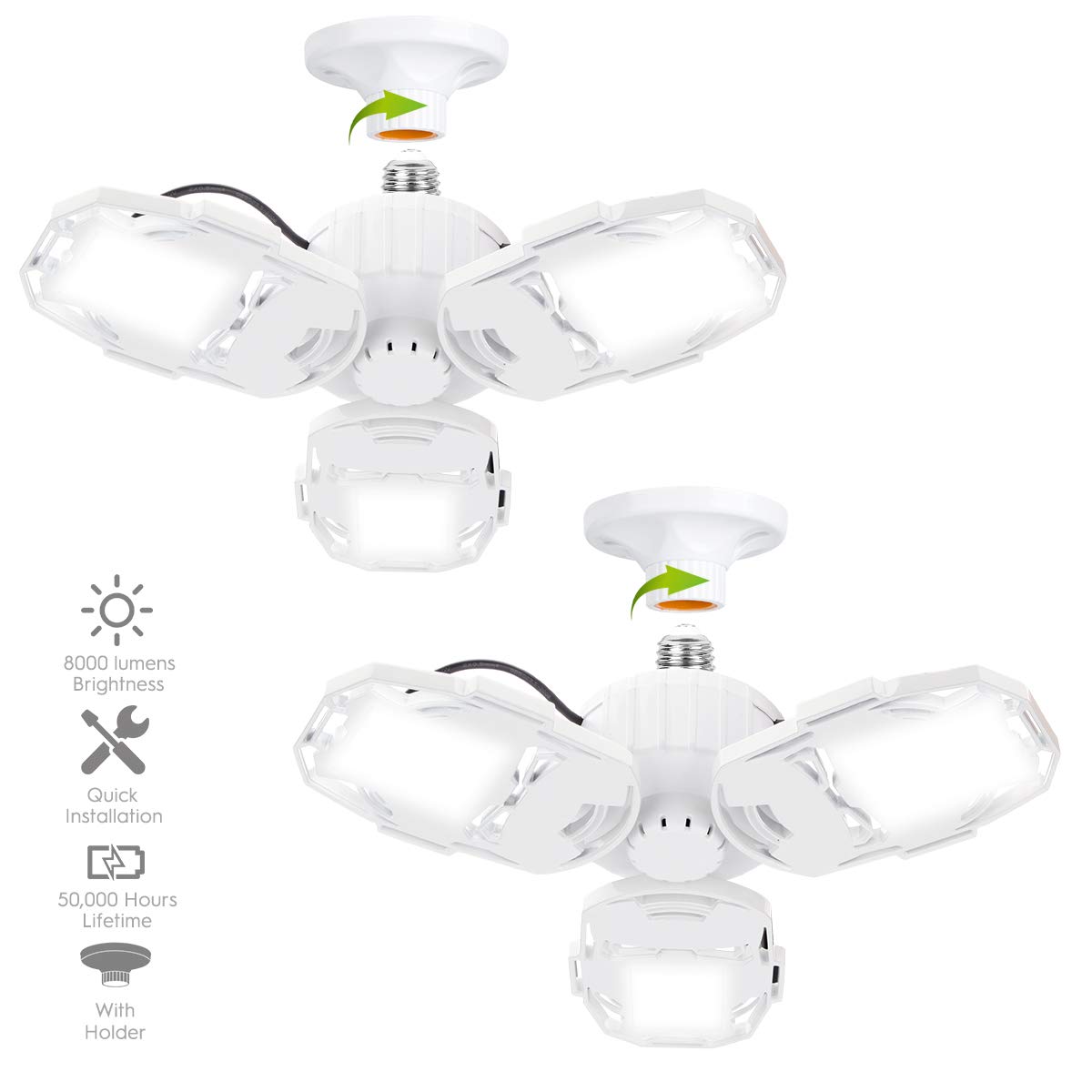 LED Garage Lights, 2 Packs 80W 8000lm Deformable Garage Ceiling Light Basement Lights with 90° Adjustable LED Panels & E26 Holder, Fits for Garage Warehouse Barn Workshop Yard (No Motion Activated)