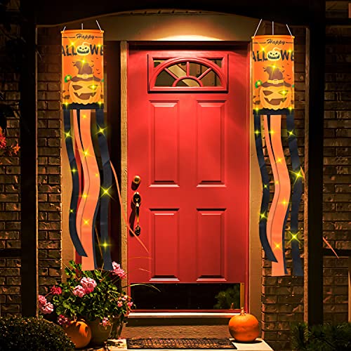 YoleShy Halloween Pumpkin Windsock Flag with LED Lights Halloween Tree Decorations Outdoor Hanging Halloween Decorations Outdoor for Front Door Patio Yard Garden Lawn, Set of 2