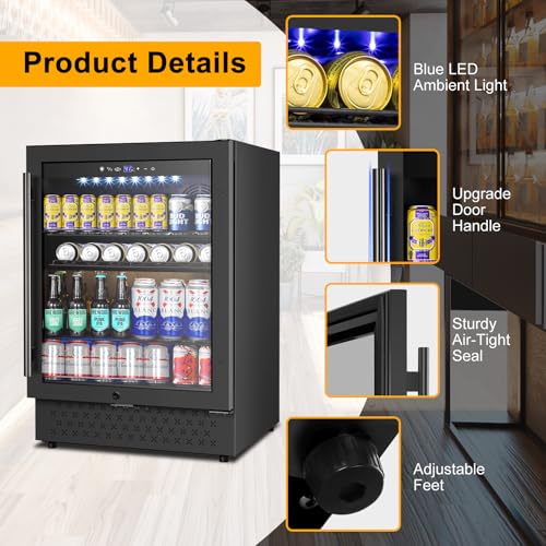 Image of Beverage Refrigerator 24 Inch 200 Can Drink Fridge with Glass Door, Under Counter /Freestanding Beverage Cooler with Temperature Control, Reversible Door, Quick Cooling for Beer Soda Wine, Black