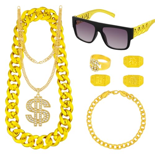 BSBUY Kit de Costume de Hip Hop, 8Pcs Accessoires de Rappeur Années 80-90 Adulte Enfant avec Chaîne Plaquée Or, Rappeur Collier Dollar, Déguisement Rappeur Accessoires pour Concerts de Rap, Fête