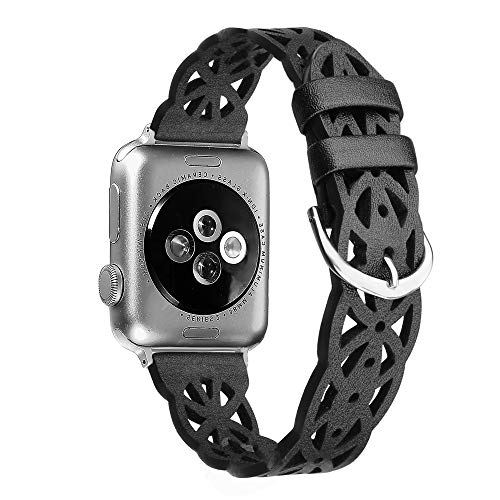 Secbolt Hollowed-Out Leather Band Compatible with Apple Watch Bands 38mm 40mm 41mm iWatch Series 7/6/SE/5/4/3/2/1, Elegant Top-grain Leather Wristband Strap Accessories for Women, Black