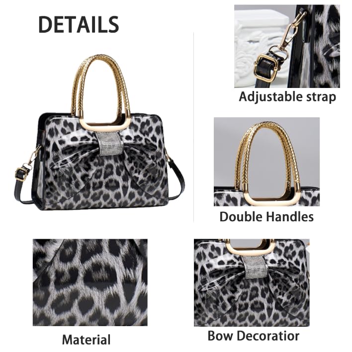 Bolso tote de cuero con estampado leopardo y moño de pedrería miniatura 4
