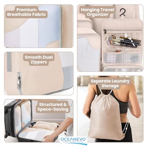 Image of OCEANEVO Set of 10 Pcs Packing Cubes for Travel | Includes Luggage Tag and Toothbrush Holder | Suitcase Organizer for Travelling for Clothes, Shoes and Lingerie | Model 3.0 - Beige - 1 Year Warranty