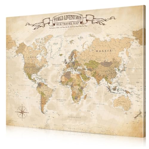 Image of DECORARTS - Large Antique Vintage World Map Canvas Wall Art, Old World Maps for Wall Decor, Hand-Stretched Giclee Print, Home Office Statement Piece, Handcrafted in USA, 35x28''