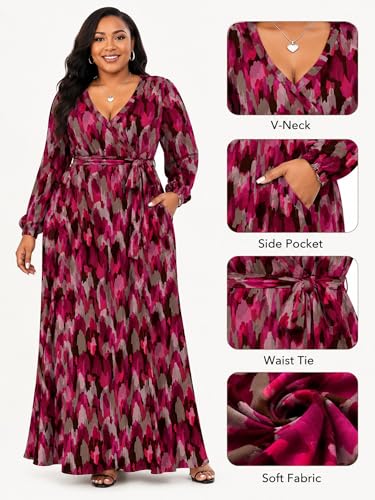 Image of PinkPatty Women's Long Sleeve Maxi Dress Plus Size Trendy Wedding Guest Dress with Pockets&Belt