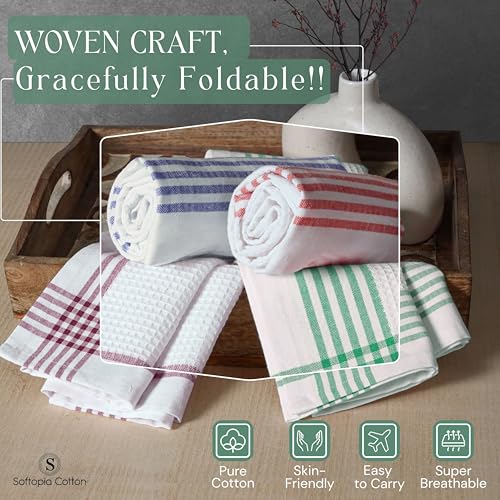 Image of Waffle White & Multi Colors Kitchen Towels Set of 4, 100% Cotton, 16x26 inches, Quick Dry Dishcloths, Ideal Dish Towel for Drying, Wiping - Indigo Blue, Red, Dark Green, Burgundy