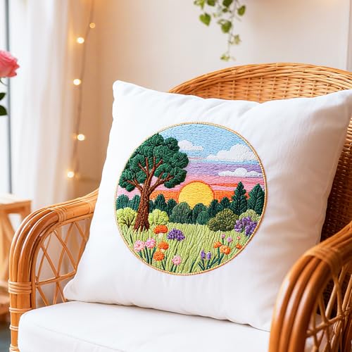 Image of BEUNITONE 4 Set Forest Pattern Embroidery Kit for Adult Beginners Scenery Pre-Printed Designs Cross Stitch Kits, Needlepoint Kits for Adults, Handmade Embroidery for Home Decor 20x20cm