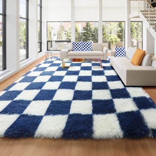 Image of KICMOR 8x10 Area Rugs for Living Room, Large Fluffy Soft Checkered Shag Shaggy Bedroom Carpet, Navy Blue and Cream White Big Fuzzy Plush Rug for Kids Boys Girls Dorm Nursery Home Decor Aesthetic