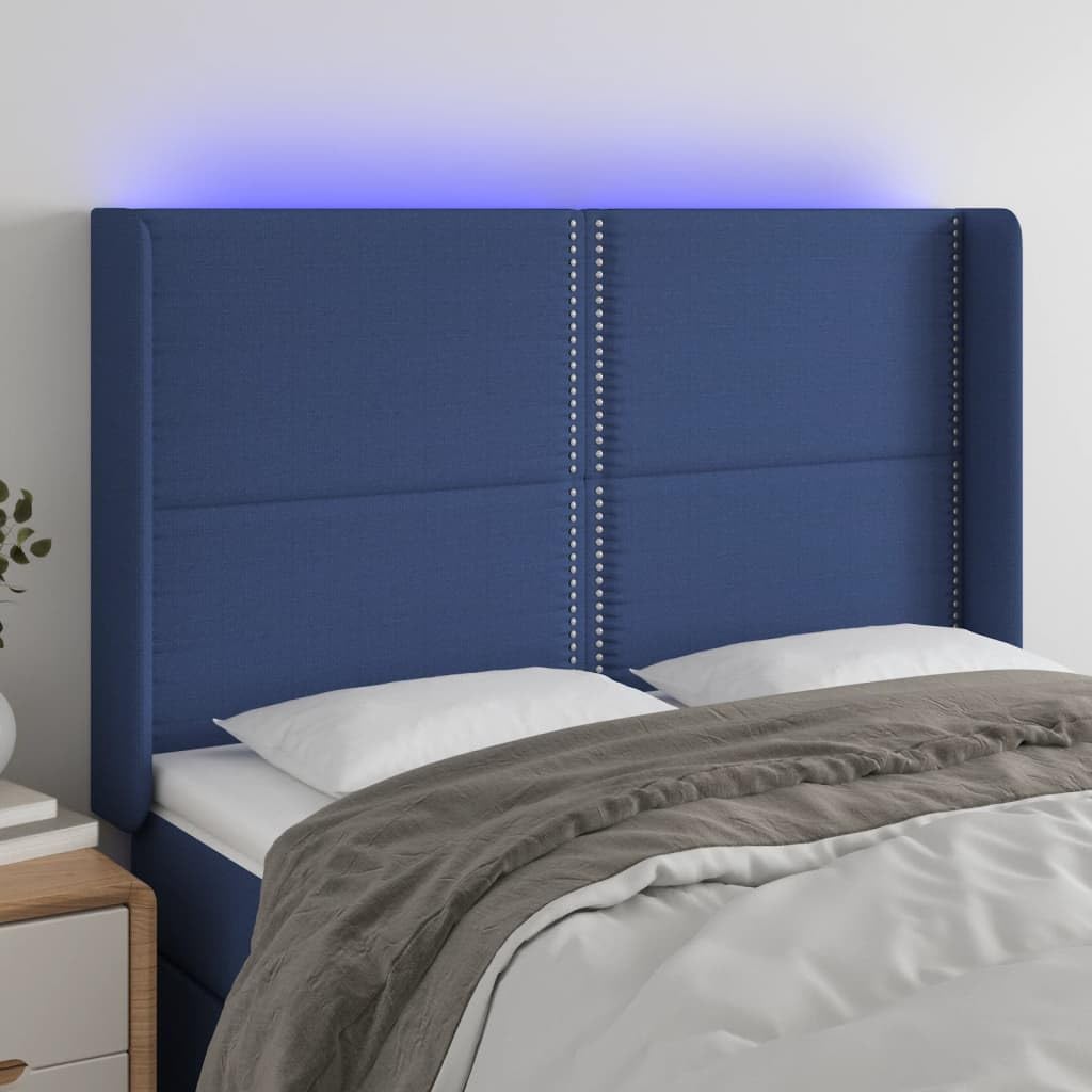 Cabecero de cama LED azul, 147 x 16 x 118/128 cm, altura ajustable, tela acolchada, con barra RGB, para jóvenes y adultos