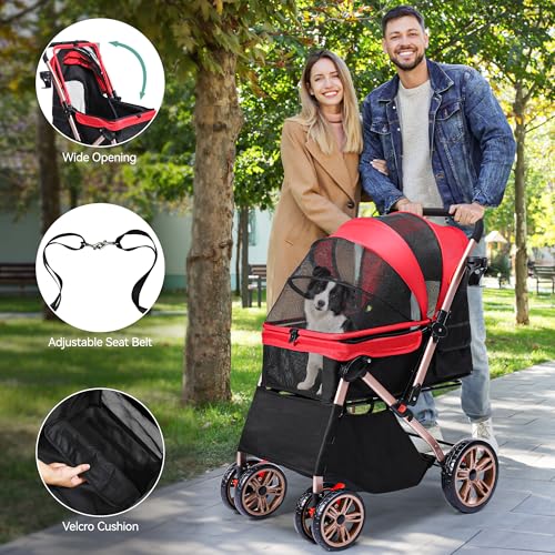 YITAHOME Hundebuggy Hundewagen klappbar für Hunde & Katzen, Haustierbuggy bis 22 kg mit umkehrbarem Griff, Netzfenstern, Getränkehalter, 360° drehbare EVA-Räder mit Bremsen (Rot)