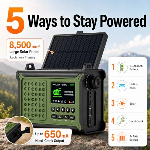NOAA Weather Radio with S.A.M.E. County Alerts, 12000mAh Hand Crank Solar - Image 5
