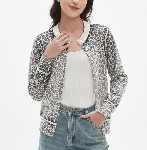 Women's Leopard Knit Cardigan Cropped Front Button Sweater Long Sleeves Casual Crewneck Cardigan Sweater Outerwear2