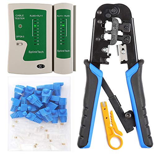 Hiija LAN Network Cable Tester RJ45 Crimp Tool Kit Cat5 Cat5e Crimping Tool Kit, RJ-11, 6P/RJ-12, 8P/RJ-45 Crimp, Cut and Strip Tool with 20PCS Connectors, 20PCS Covers and Network Wire Stripper