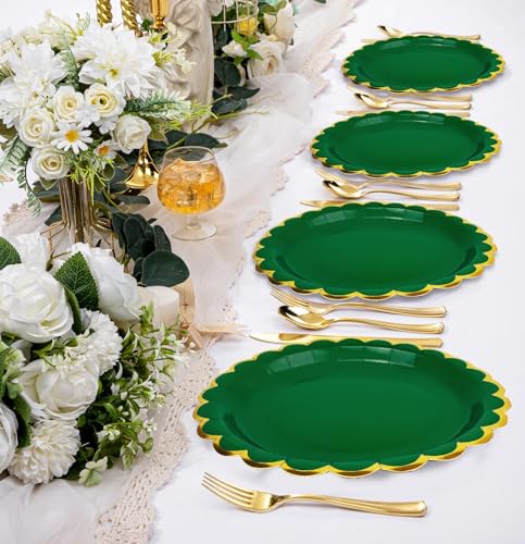 Image of HEIPINIUYE 50 Pieces Green Paper Plates with Gold Foil 9 Inch Disposable Green Scalloped Dinner Plates for Wedding Baby Shower Birthday Christmas Party Dessert Plate
