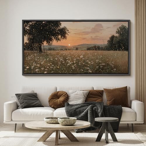 Image of MUDECOR Extra Large Framed Canvas Print Wall Art Golden Sunset Meadow with Wildflowers Warm Landscape Antique Retro Ready to Hang Painting for Living Room Bedroom Multi-Sizes - 60 inchx30 inch