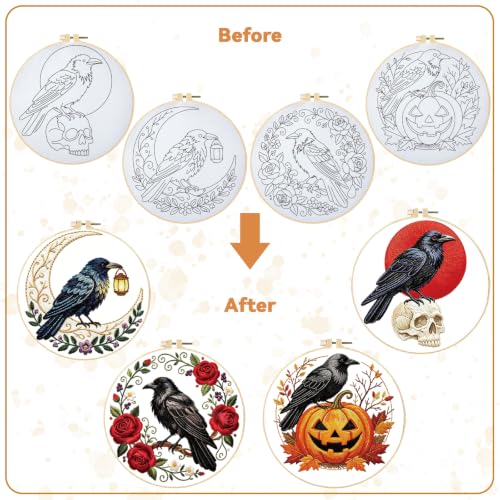 Image of BEUNITONE 4 Set Halloween Embroidery Kits for Beginners, Crow Design with Pre-Stamped Pattern Craft Kits Include Instruction and Hoops, 7.9 inchx7.9 inch Needlepoint Kits for Festival Gifts and Home Decor