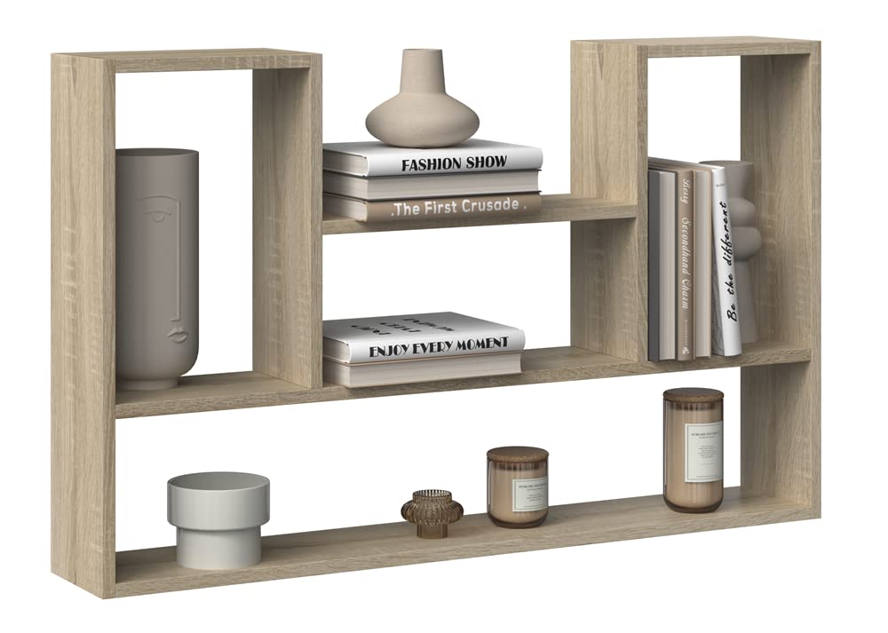 ADGO Hangende boekenkast voor woonkamer kantoor 100 x 60 x 16 cm wandgemonteerde decoratieve accessoires vier planken curiose vorm hangende boekenkast (Sonoma
