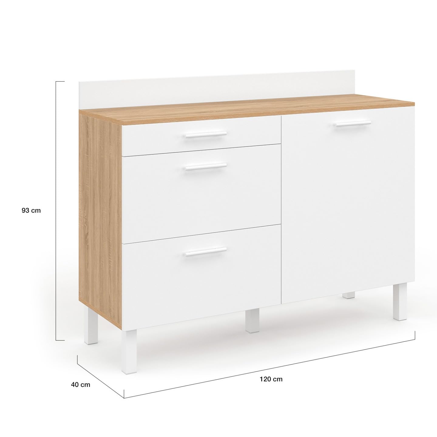 IDMarket - Buffet Bas de Cuisine 120 cm casserolier CINA Plan de Travail H.83 cm 1 Porte + 3 tiroirs façon hêtre et Blanc
