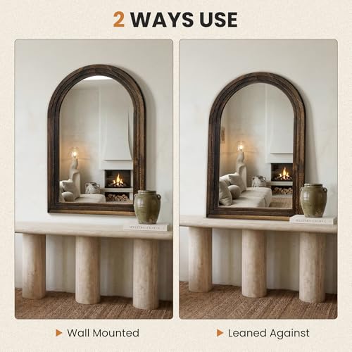 Arched Bathroom Mirror, 38"x26" Brown Wood Frame Wall Mirror - Image 3