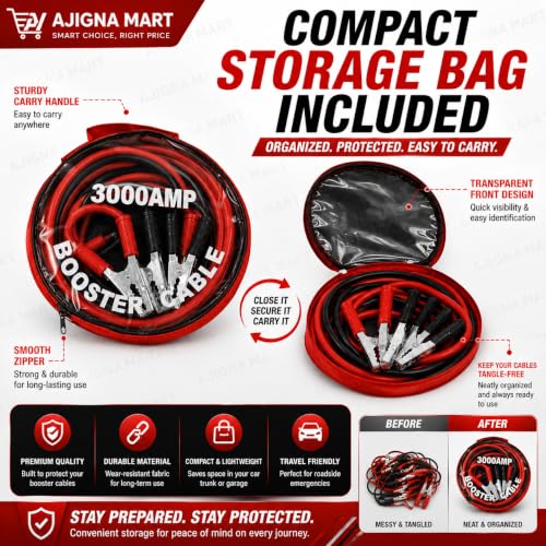 Image of AJIGNA MART 3000 AMP Heavy Duty Car Battery Booster Jumper Cable | Thick Gauge Jump Start Cables with Insulated Alligator Clamps | Emergency Battery Booster for Cars, SUVs, Vans & Trucks