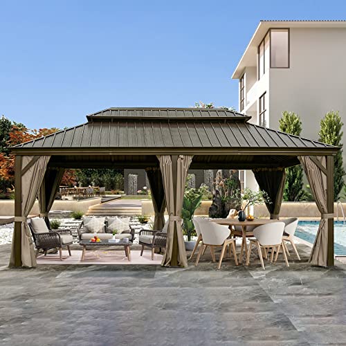 Domi Outdoor Living 12’ X 18’ Hardtop Gazebo, Outdoor Aluminum Frame Canopy With Galvanized Steel Double Roof, Outdoor Permanent Metal Pavilion With Curtains And Netting For Patio, Backyard And Lawn #TOP9