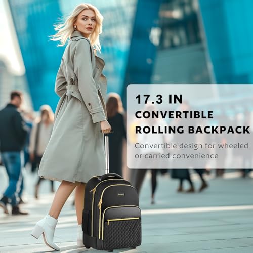 Rolling Backpack for Women, 17 inch Travel Laptop Wheeled Backpack with Anti Theft Zippers for Adults, Large Water Resistant Carryon Luggage Roller Bag Flight Approved for Work College, Black - Image 3