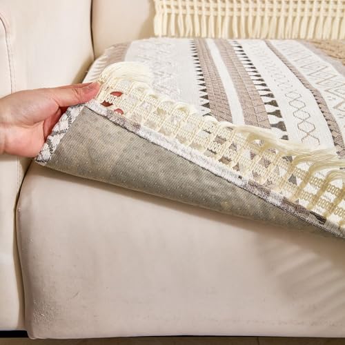 Image of HOMETHREADS Innovative European Premium Style Anti Slip Cotton Sofa Cover Mat with PVC Backing for Non-Slip Comfort (Khaki, 4 Seater | 70x210cm)