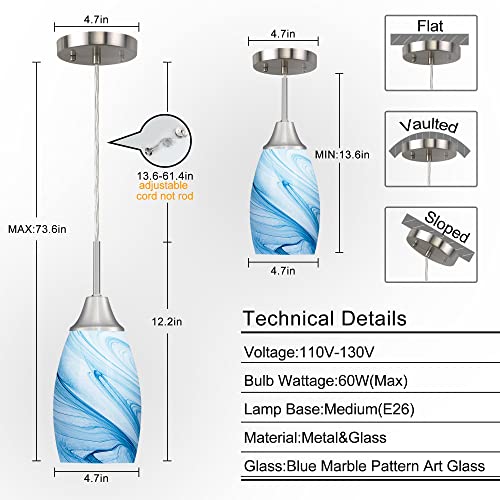 Image of Mini Glass Pendant Light with Handblown Blue Marble Art Glass Shade Adjustable Cord Modern Oval Lamp Ceiling Pendant Light Fixture for Dining Room, kitchen,Foyer, Hallway, Brushed Nickel Finish 3 Pack