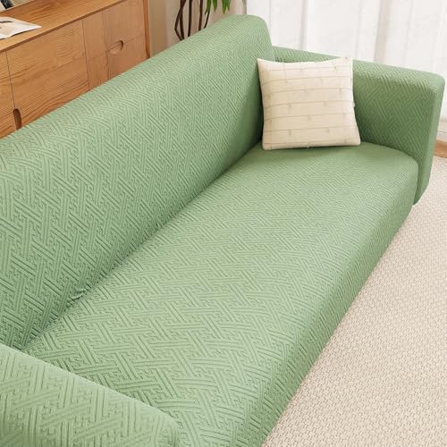 Image of Lukzer 1 Seater Pastel Green Grid Maze Pattern Sofa Cover | 240 GSM Universal Stretch Fit Jacquard Fabric Couch Protector | Fully Covered Anti Slip & Washable Sofa Cover (90-140cm /SC-107-01)